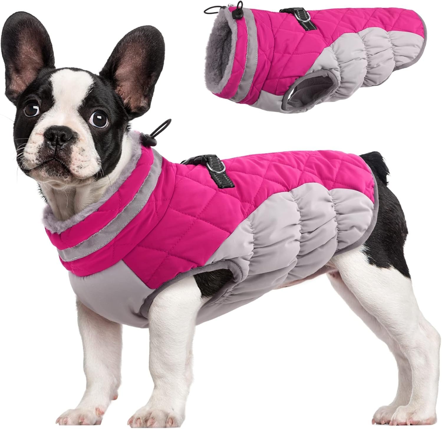 FUAMEY Dog Coat, Medium, Pink, Faux Fur – Waterproof, Windproof, Reflective Cold Weather Coat with Built-in Harness, Fits Dogs 11 lbs and Up
